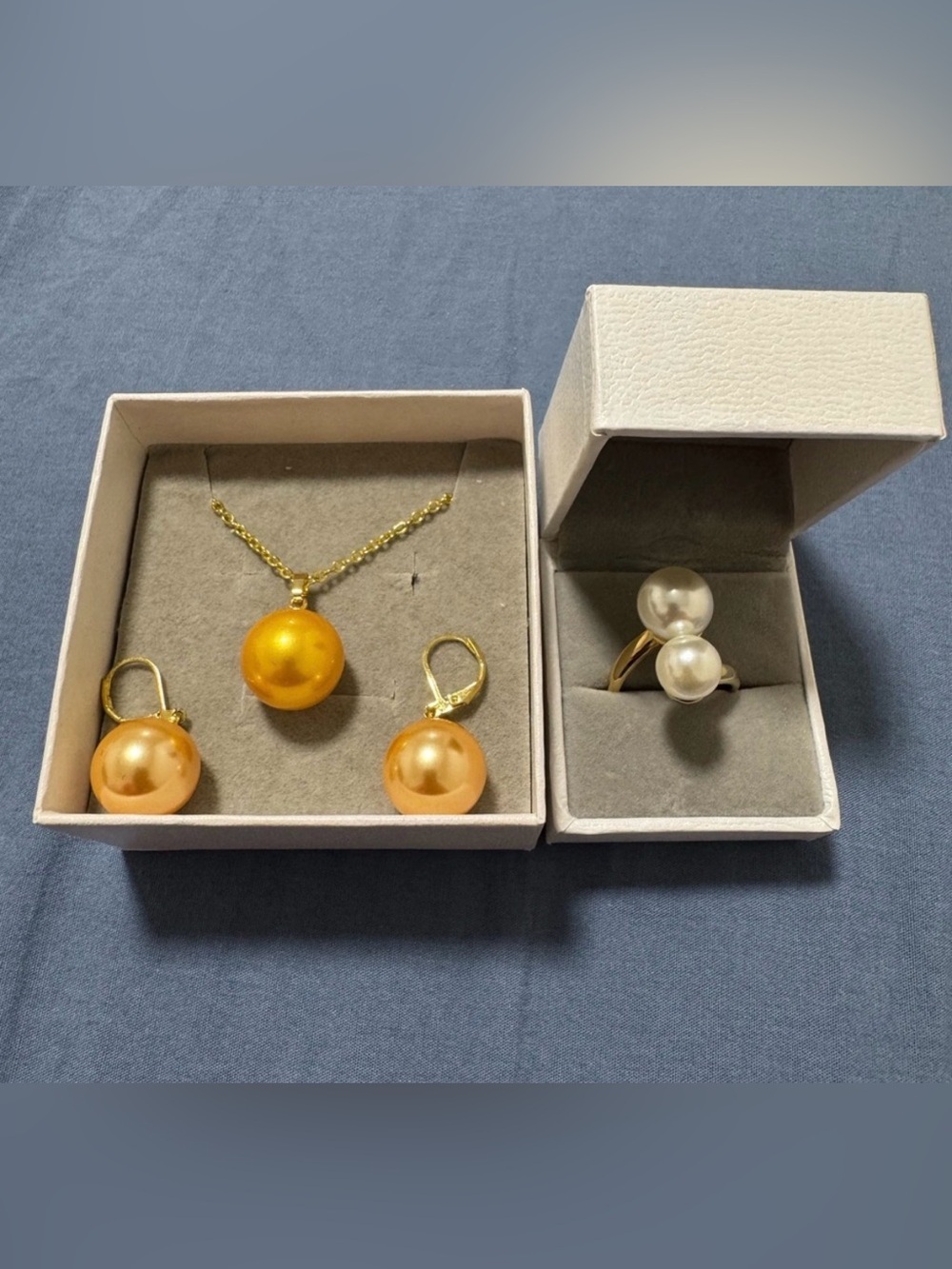 Elegant Gold Pearl Ring Set with Matching Necklace and Earrings
